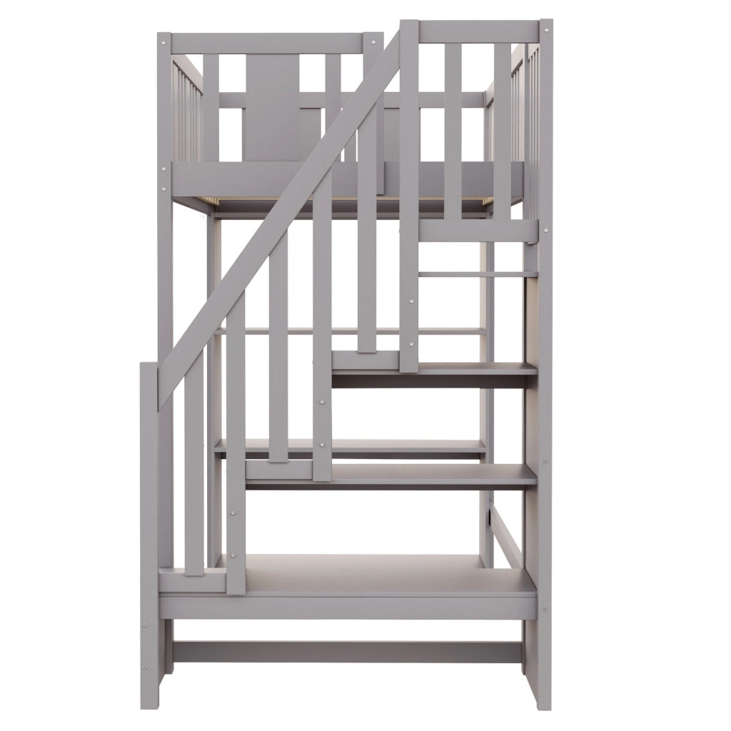 Letto a soppalco per bambini 90x200 cm con scala contenitore e 3 vani portaoggetti; legno grigio
