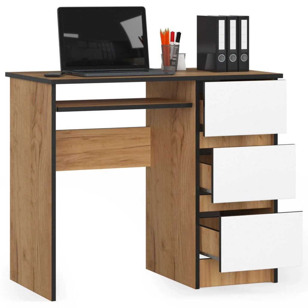 Scrivania per computer AKORD A6 Quercia Craft 90 cm 3 cassetti inserto frontale Bianco 90x50x77 cm Modello a destra