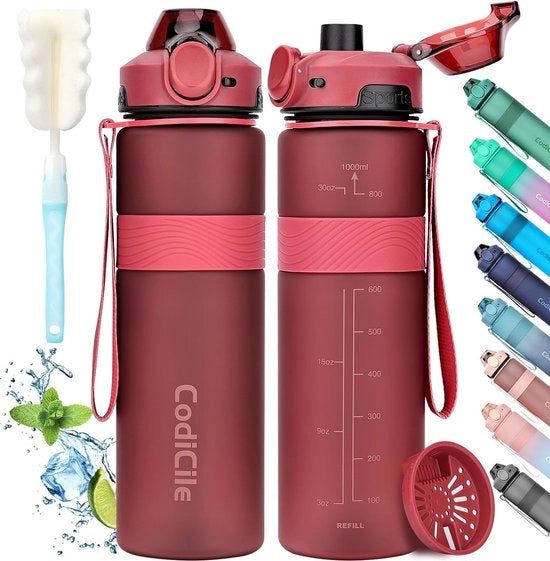 Bottiglia da 1 litro di acqua, impermeabile, BPA libera, grande bottiglia sportiva, ideale per palestra, scuola, ufficio e viaggi (rosso)