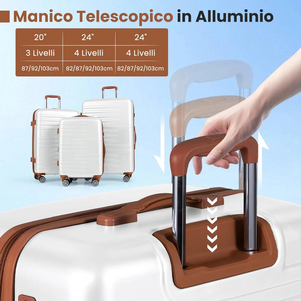 Set di Valigie Rigide 3 Pezzi, Set Valigia da Viaggio in ABS con TSA Lucchetto, Manico Telescopico in Alluminio e Ruote Piroettanti, 20", 24", 28" (Bianco)