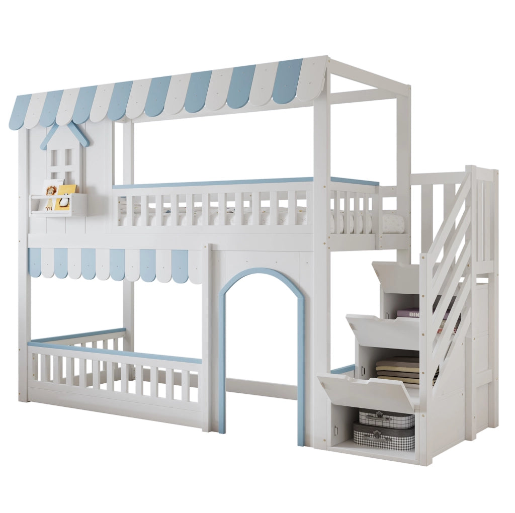 Letto a castello per bambini 90x200 cm bianco e blu con scala