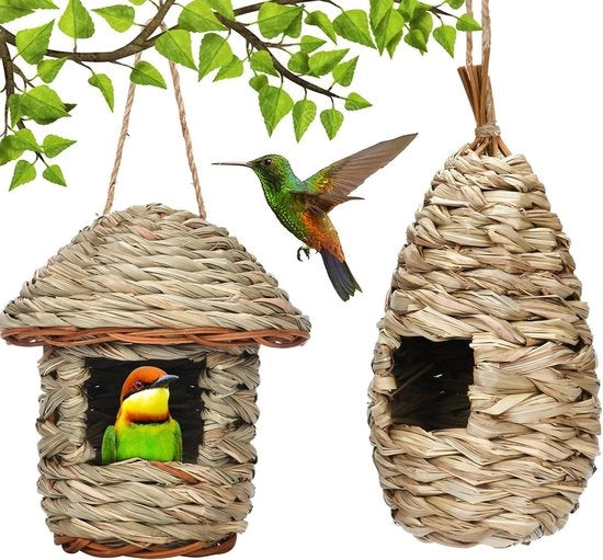 2 pezzi di Nido per Uccelli intrecciato - Decorazione per Casetta di Giardino - Per Piccioni, Titiri, Sparvieri e altri Uccelli Piccoli (Ovale+Rond)