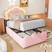 LETTO imbottito 90x200 cm in velluto rosa con LED, prese e contenitore idraulico