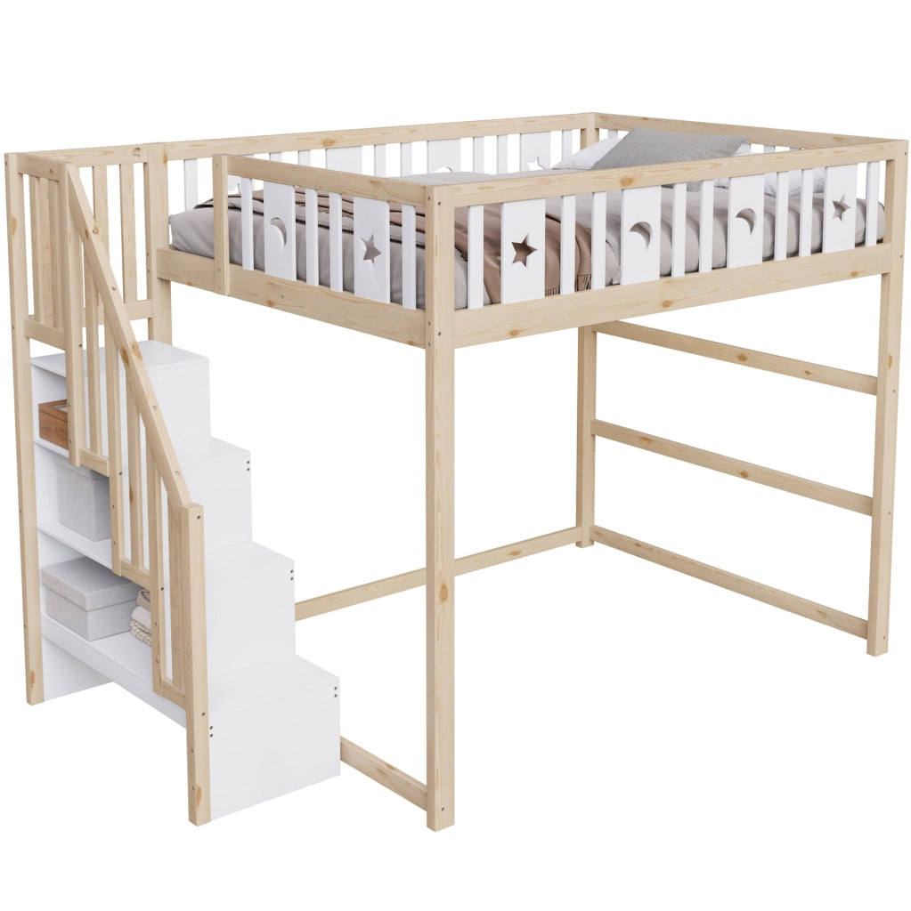 Letto a soppalco per bambini 140x200 cm in legno massello; con scala e ripiani; naturale e bianco