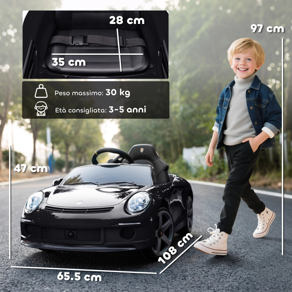Macchina per Bambini 3-5 Anni con Licenza Ufficiale RUF GT Telecomando Cintura di Sicurezza e Musica Nero