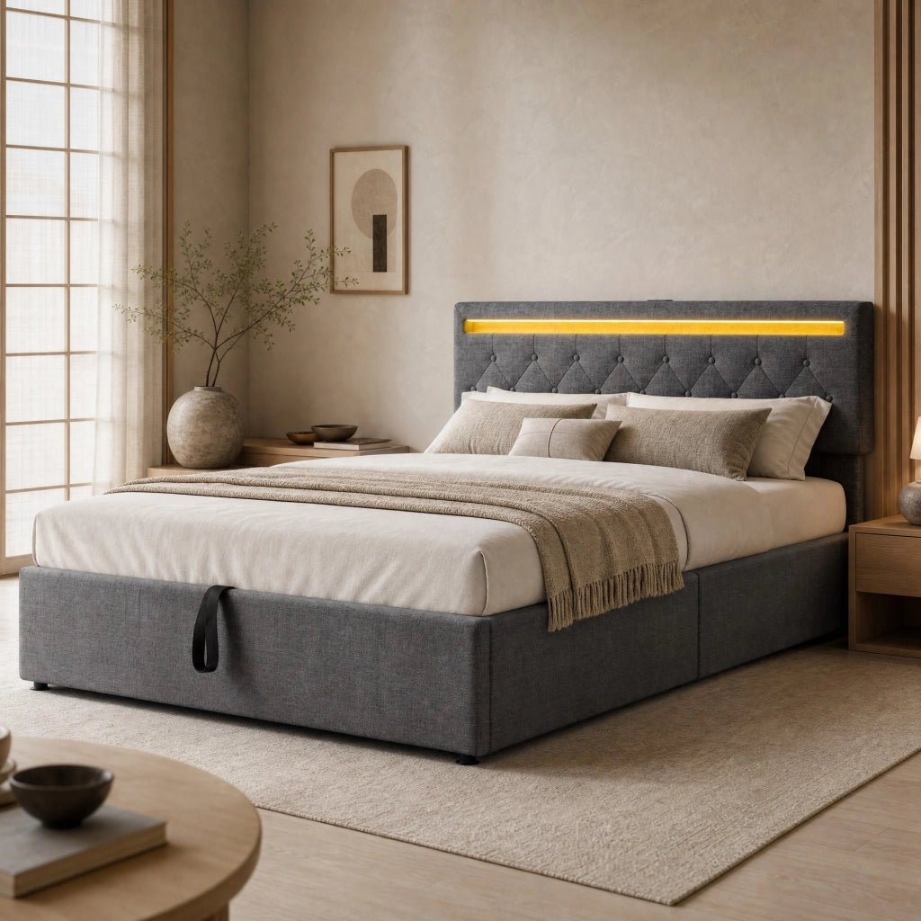 Letto imbottito 140x200 con contenitore, LED e porte USB-C