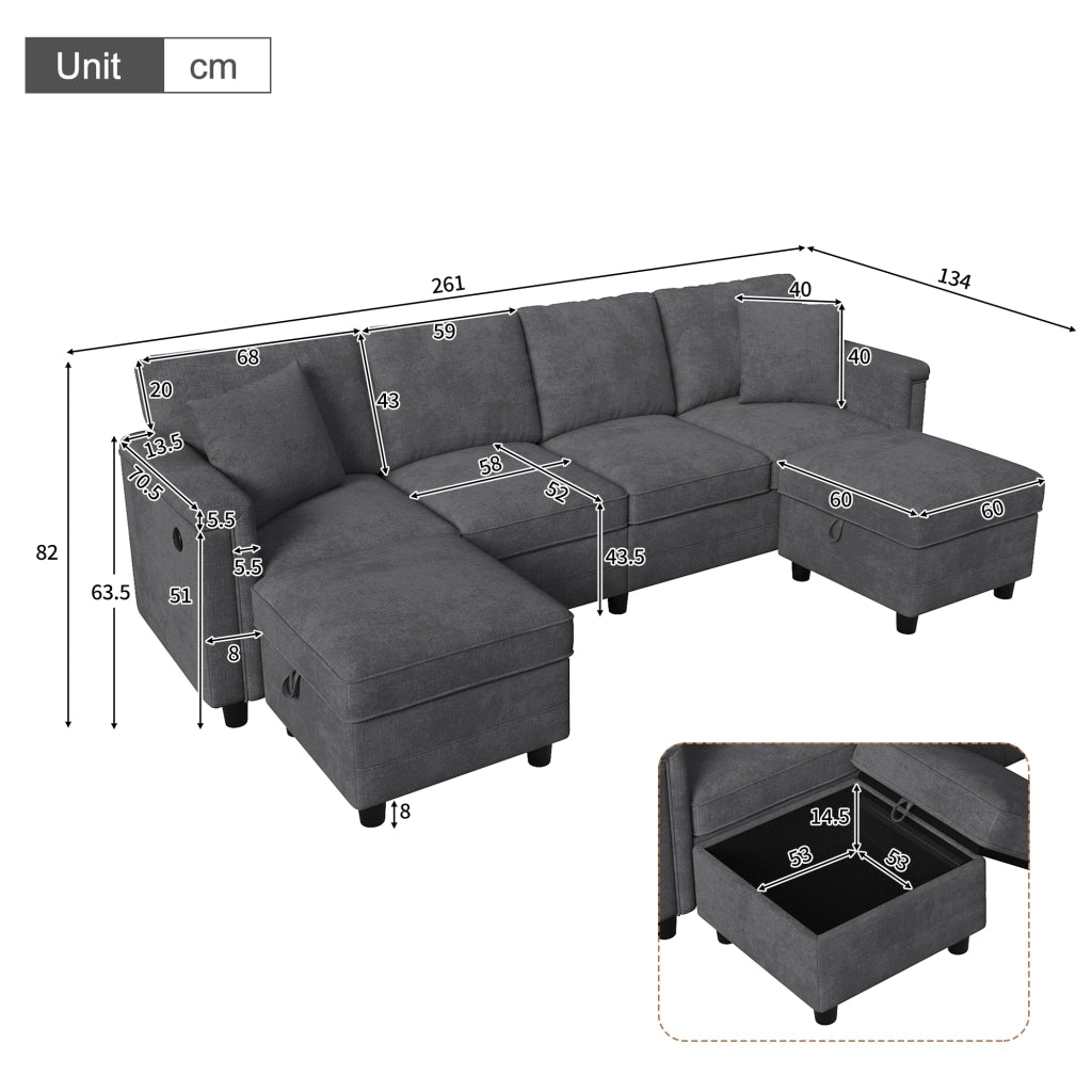 Divano modulare trasformabile a L o U 261x134x82 cm in ciniglia grigio con USB e Type-C