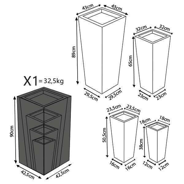 Set di 4 vasi da Giardino in Fibra di argilla cm 42x42x88 - MAXIMILIAN