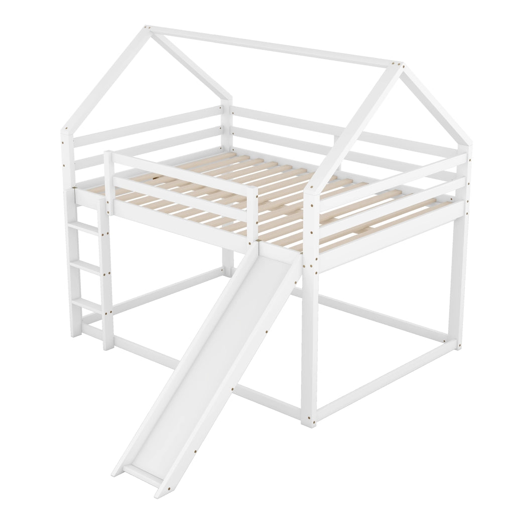 LETTO A CASTELLO A CASETTA CON SCIVOLO E SCALA 140x200 cm BIANCO