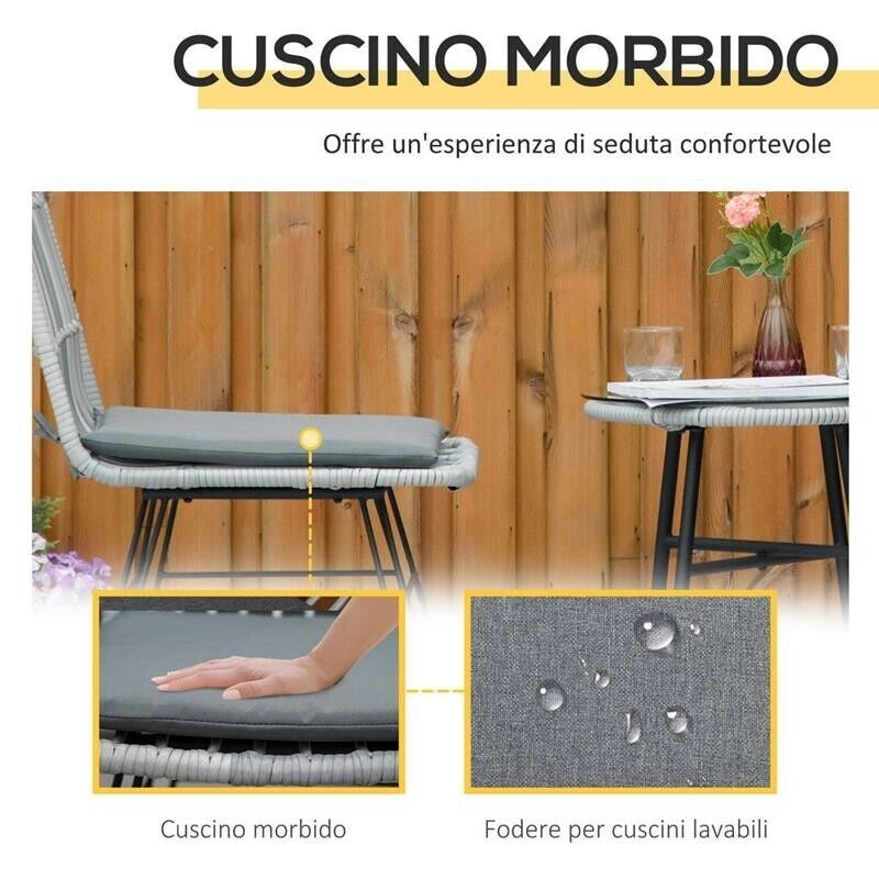 SET MOBILI DA GIARDINO CON TAVOLINO E SEDIE IN RATTAN POILESTERE E ACCIAIO PER ESTERNI GRIGIO