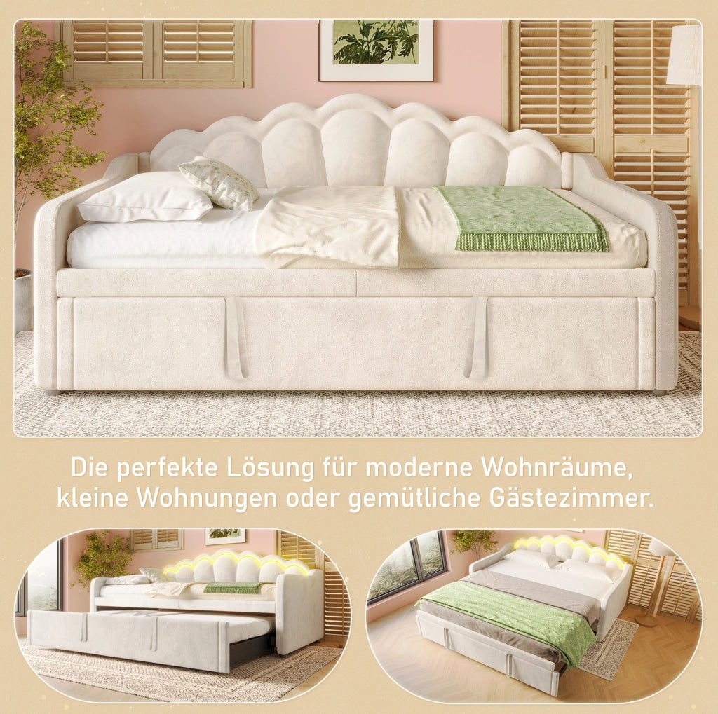 Divano letto estraibile in velluto con LED, beige, 90x200 cm