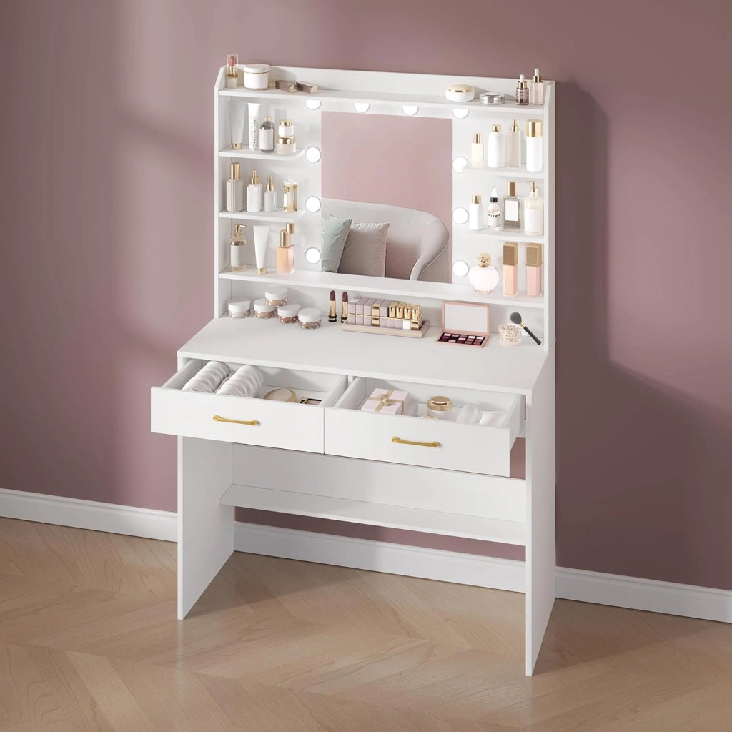 Hzuaneri 100cm Toeletta da Trucco, con specchio e luce LED, Moderno con Specchio, Postazione Make-up con Mensole Aperte e 2 Cassetti, per camera da letto, soggiorno, 40 x 100 x 149 cm, Bianco DT38703X