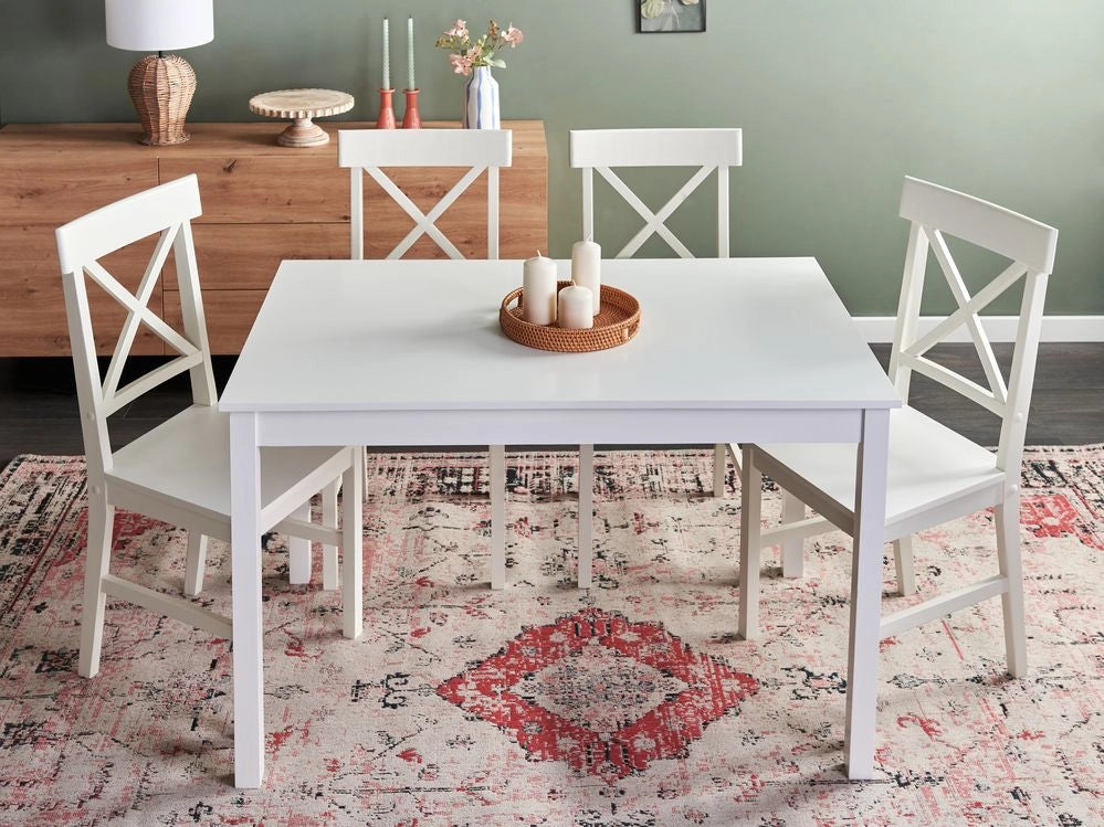 Set da pranzo tavolo e 4 sedie cottage rustico in legno di pioppo bianco con schienale a doghe in legno