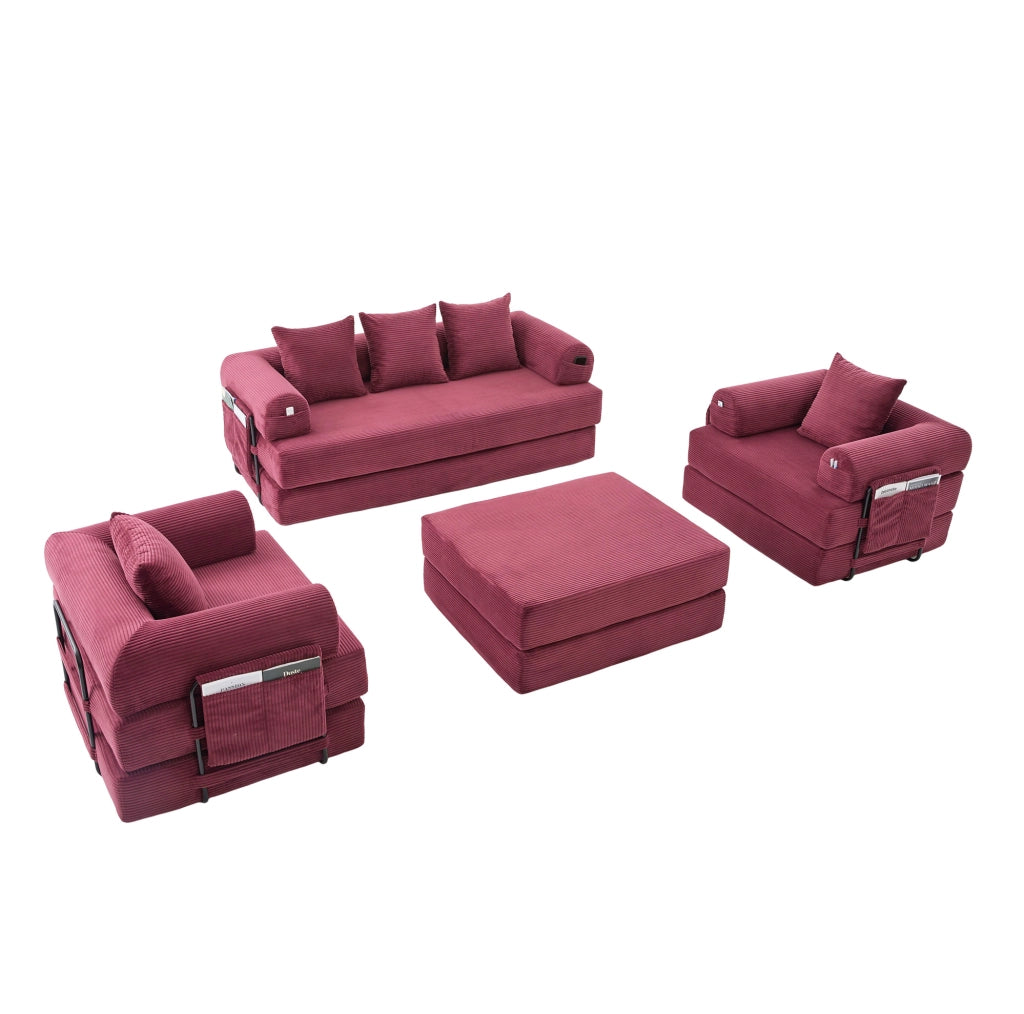 Set divano modulare in velluto a coste con pouf; rosso vino