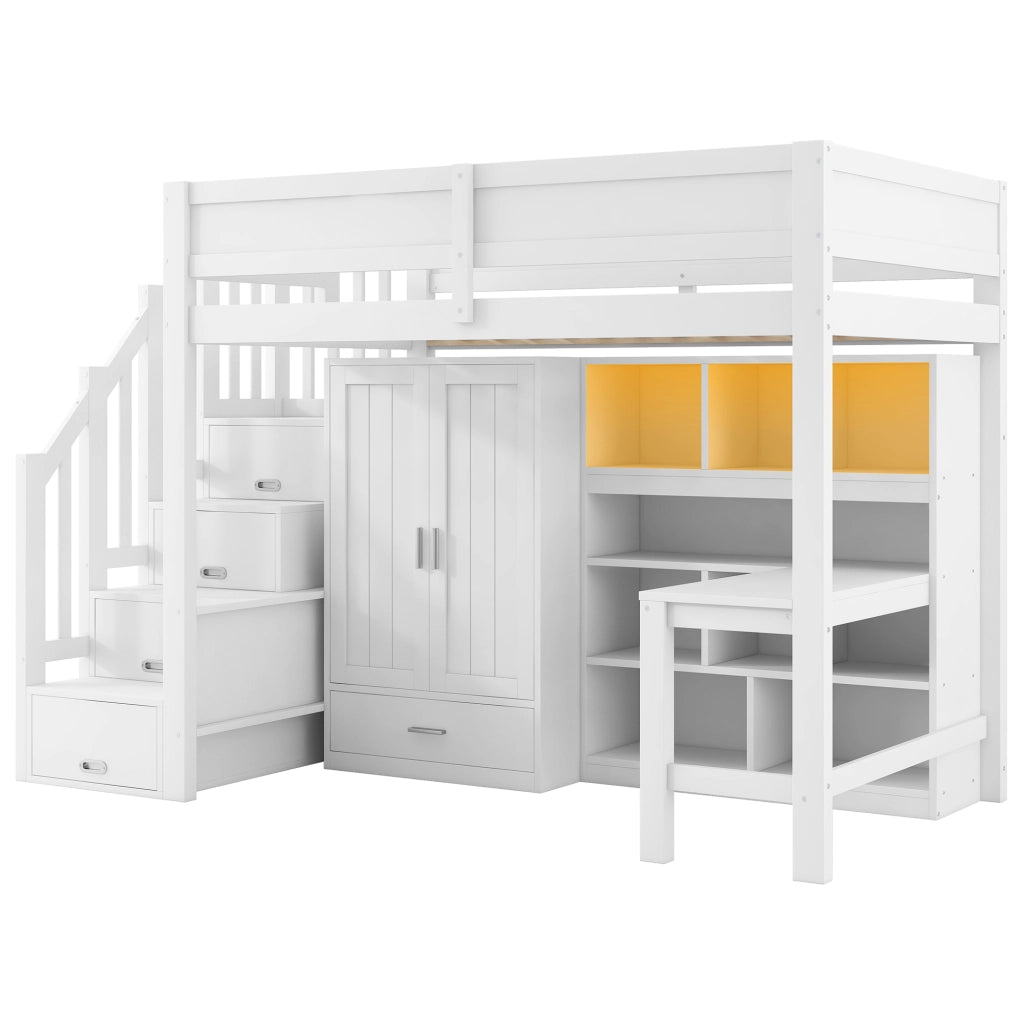 Letto a soppalco 90x200 cm con scrivania, libreria, armadio, scala contenitore e luci LED, bianco