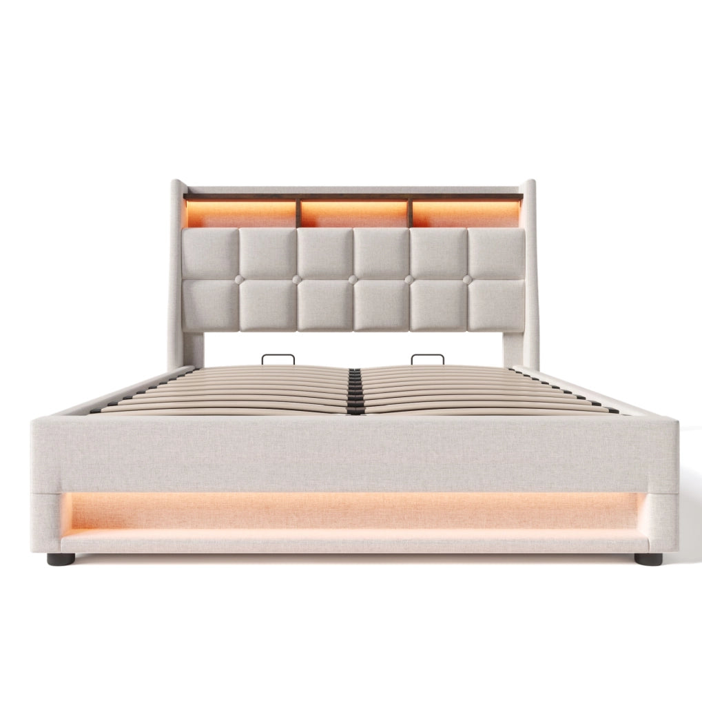Letto imbottito 140x200 cm con LED, USB e contenitore