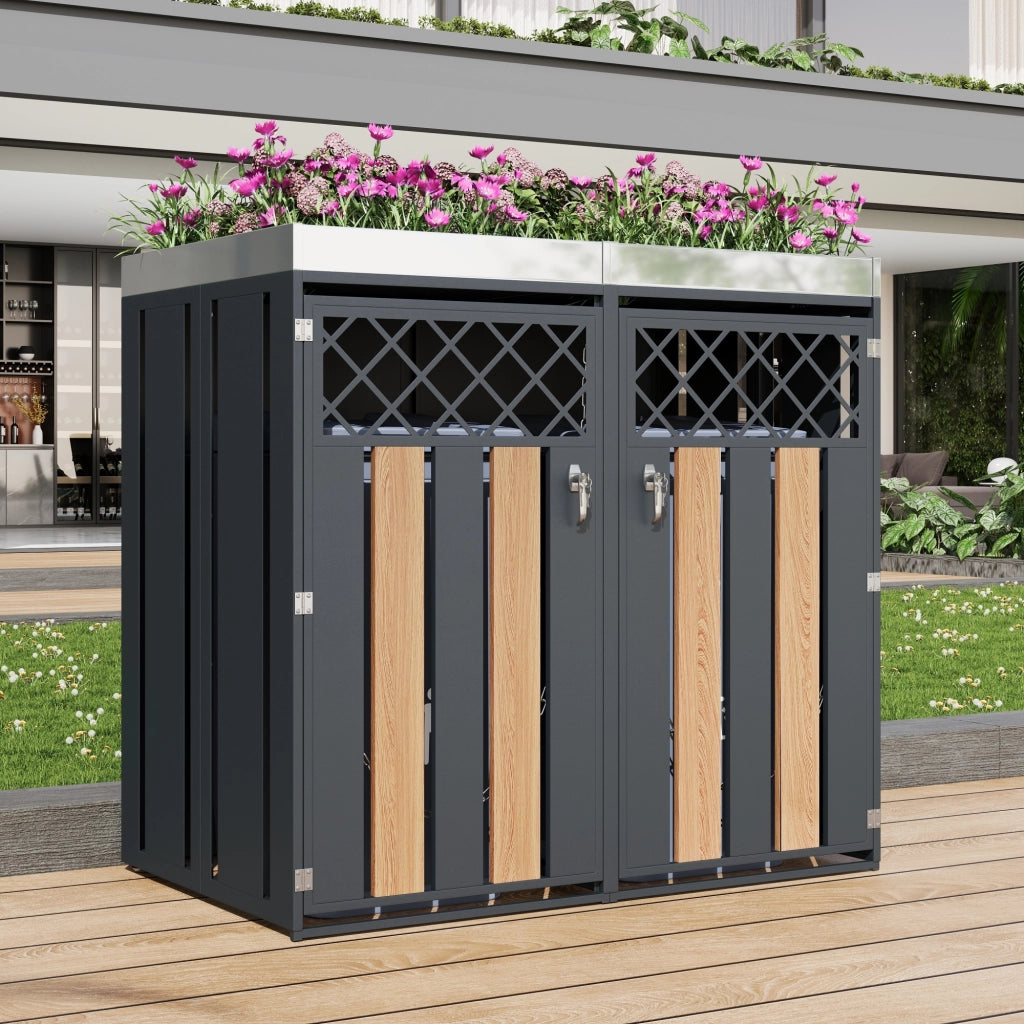 Armadio portacassonetti con fioriera in acciaio grigio e legno 132 × 80 × 124,5 cm