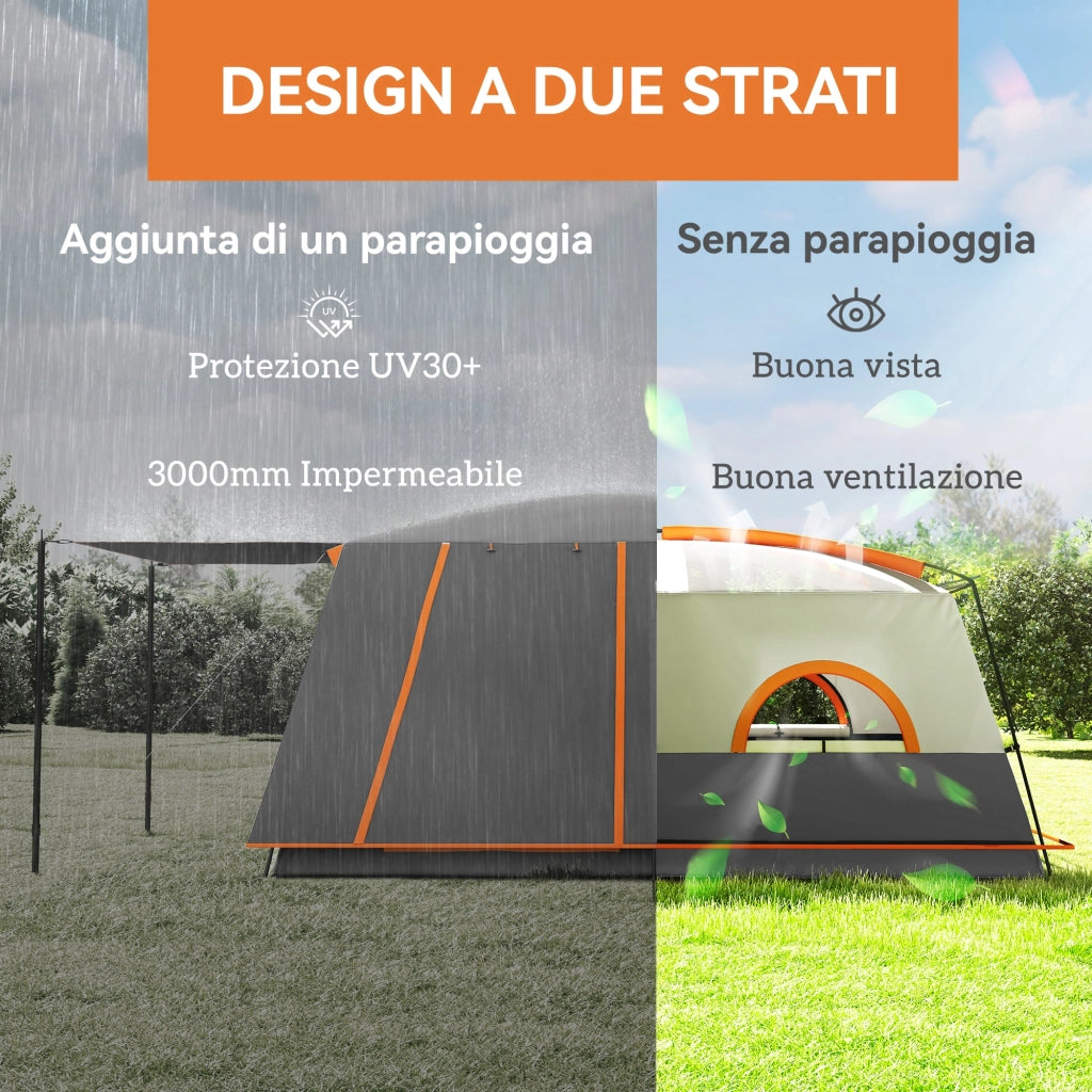 Tenda da Campeggio Impermeabile e UPF 30+ 430x305x195 cm per 4-6 Persone con 2 Stanze Grigio