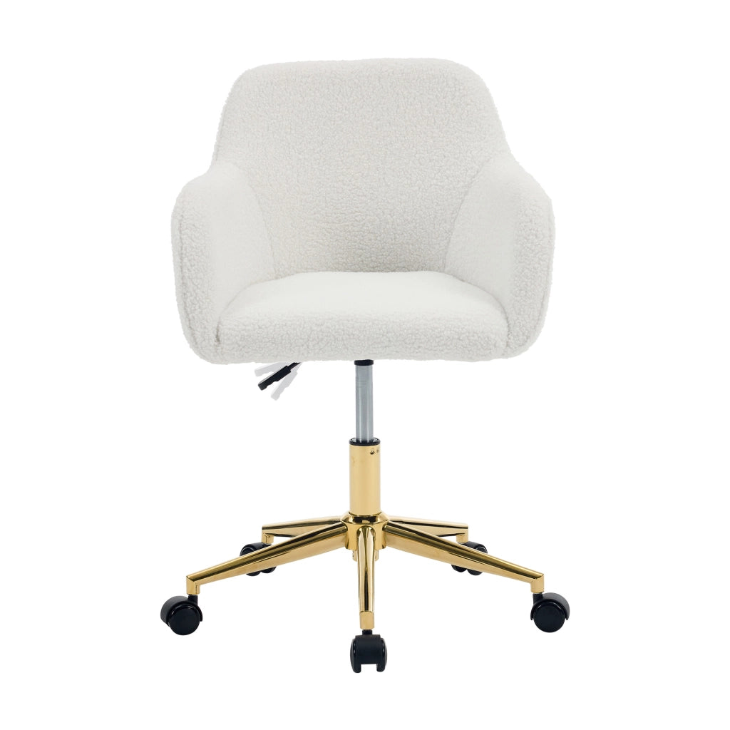 Sedia girevole da ufficio in tessuto Teddy color avorio, regolabile in altezza, con base dorata e ruote universali