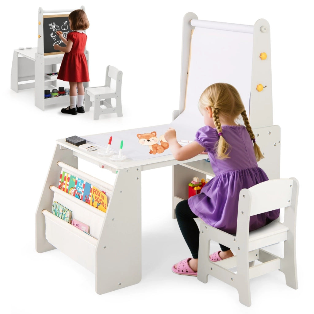 Tavolo da attivit¨¤ multifunzionale con lavagna e sedia lavagna bianca-Set tavolo e sedia per bambini 2 ripiani rotolo di carta Grigio