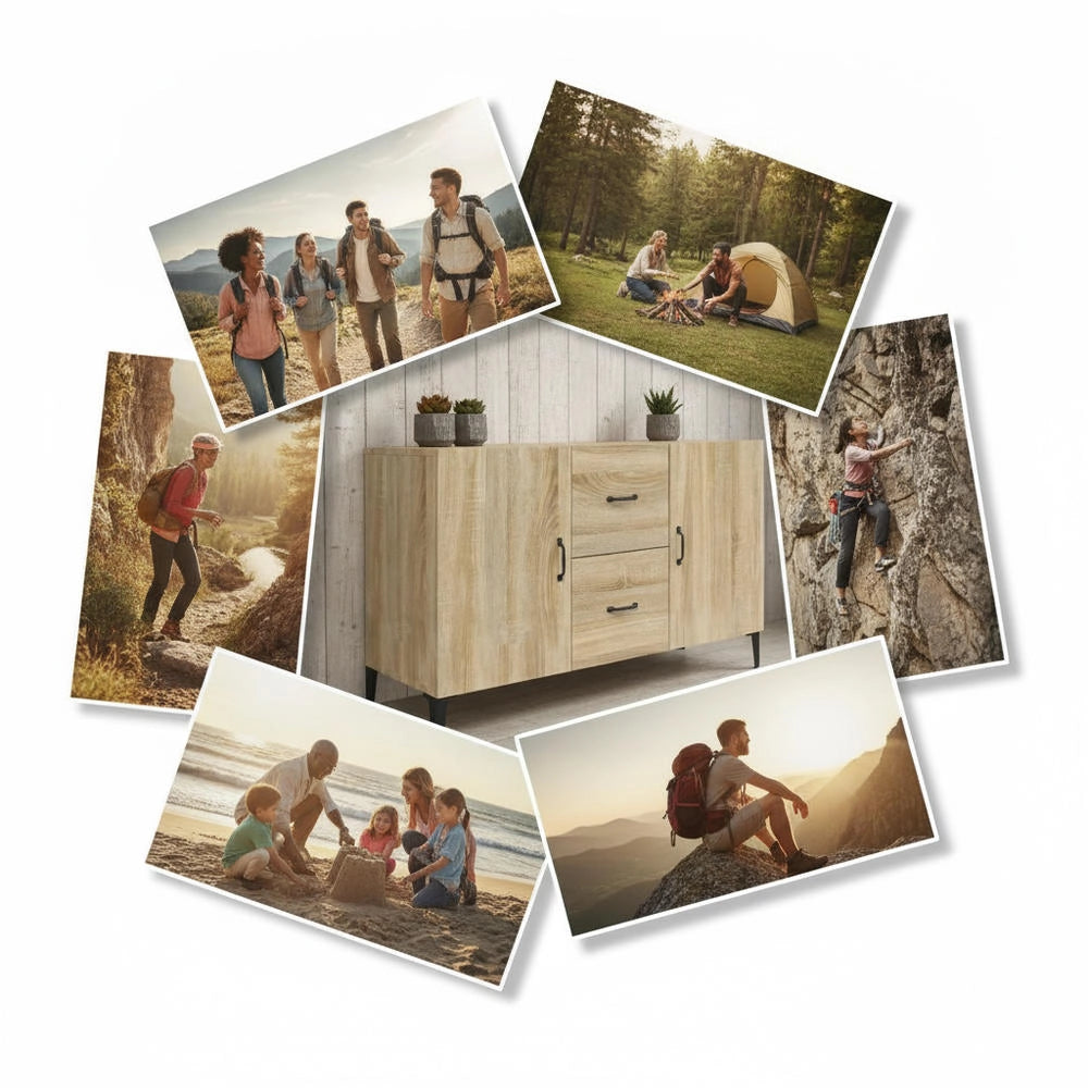 Oak Storage Cabinet 100x36x60cm Composite Wood Sideboard With 2 Doors 2 Drawers Stable Structure Space Saving For Kitchen Living Room Bedroom