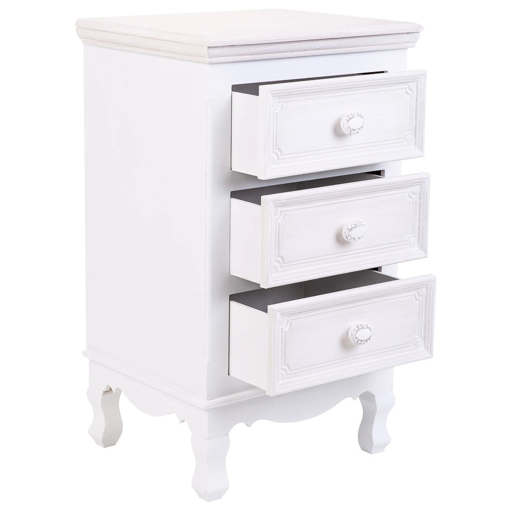 Comodino in legno con 3 cassetti bianchi 41x33,5x68.