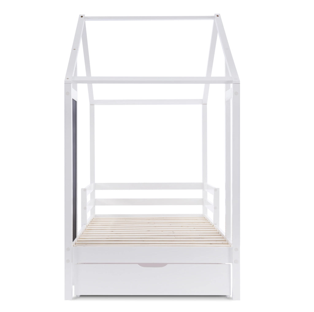 Letto a Casetta per Bambini 90x200 cm Bianco con Lavagna, Cassetti e Rete