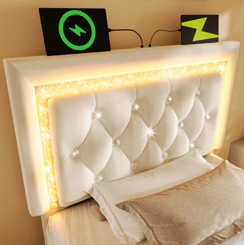 Letto singolo 90x200 cm in velluto beige con LED, USB-C e materasso