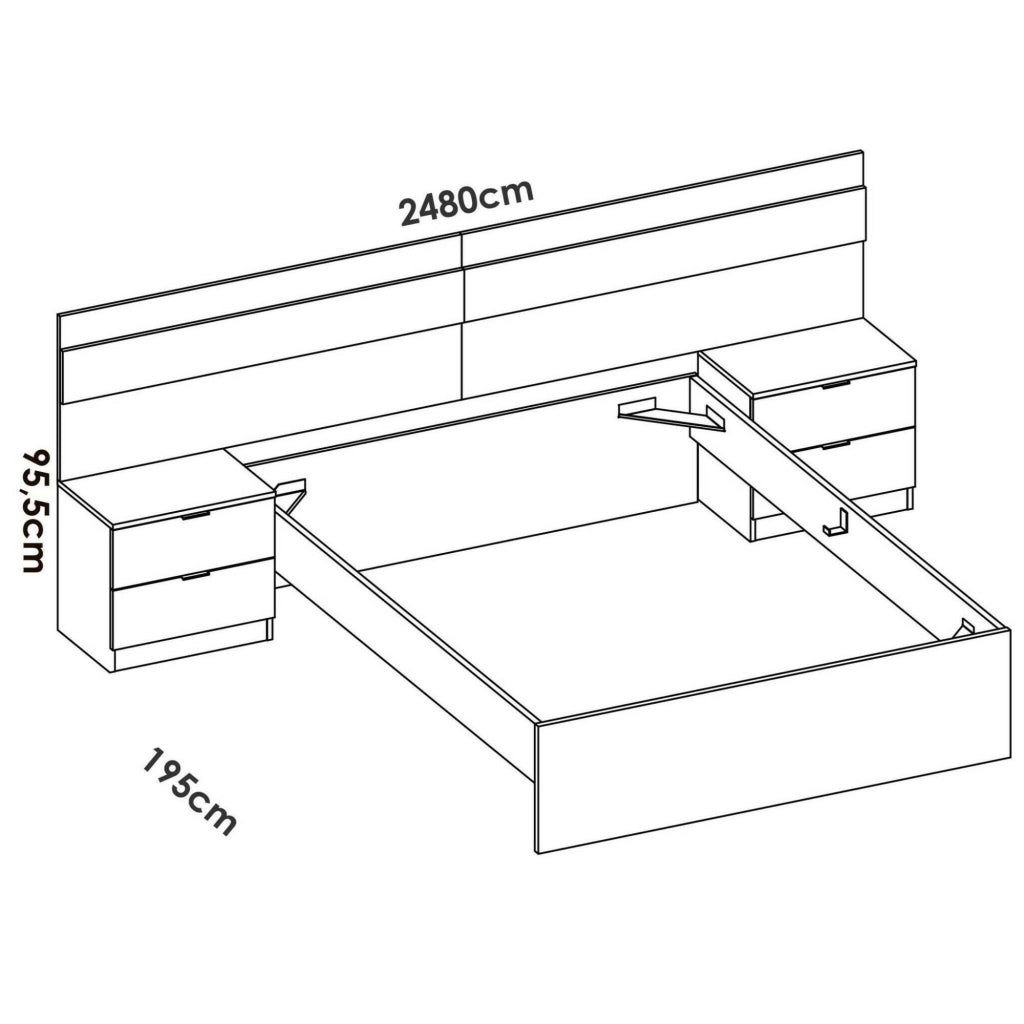 Letto alla francese Bonnie, Sommier per camera da letto, Giroletto per stanza, Struttura porta materasso, 248x195 h96 cm, Bianco e Rovere
