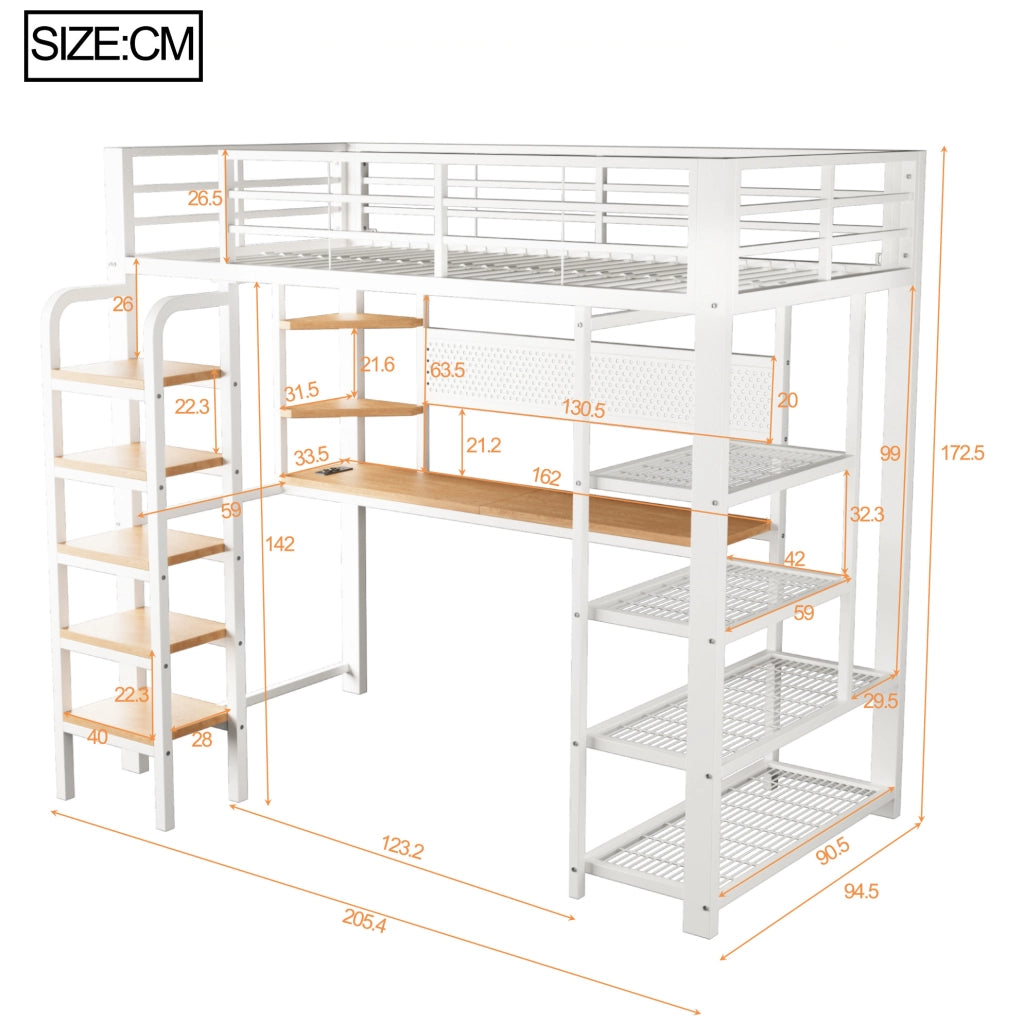 Letto a soppalco 90x200 cm con scrivania, LED e prese in ferro bianco