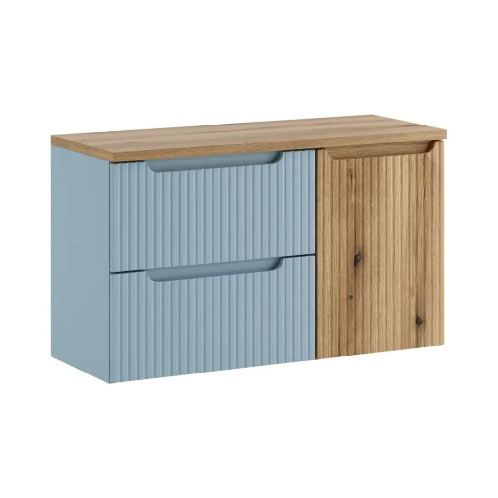 Set VANO denim blu e rovere chiaro 100cm: mobile sotto lavabo con cassetti e cesto della biancheria integrato + piano per lavabo.