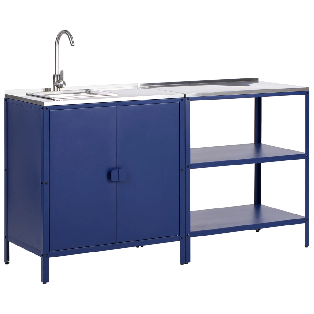 Set di 2 elementi per la cucina all'aperto in acciaio inox blu con portaoggetti e lavello cucina da esterno