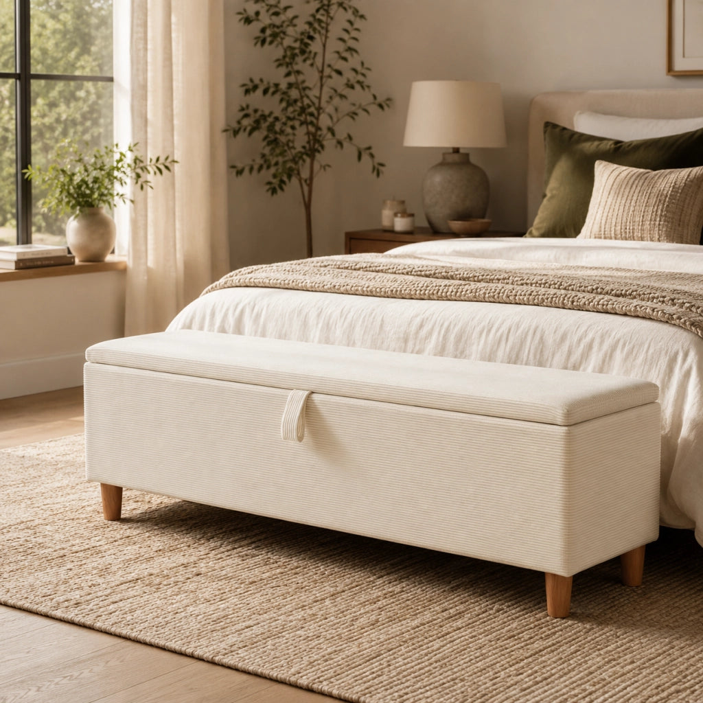 Panca contenitore 175x38x46 cm con spazio di stivaggio idraulico in corduroy e legno beige