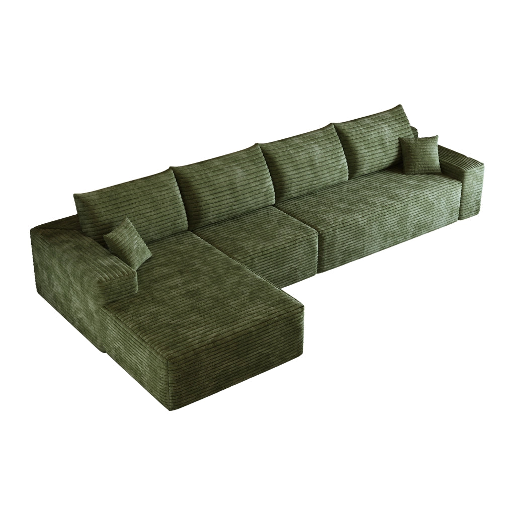 Divano angolare modulare - con chaise longue e seduta profonda - in tessuto a coste verde