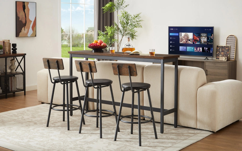 Set tavolo da bar ULEVR 160x40 cm con 3 sgabelli imbottiti con schienale, marrone rustico e nero