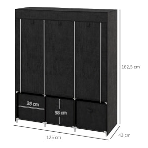 Armadio in tessuto con 2 barre appendiabiti, 5 ripiani aperti, 3 cassetti in tessuto, 125 x 43 x 162,5 cm, nero