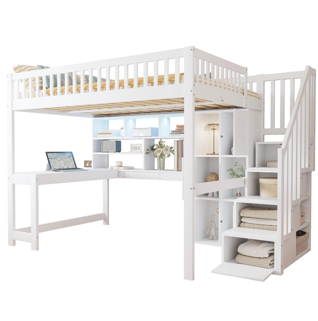 Letto a soppalco bianco 140x200 cm con LED, scala contenitore, scrivania e ripiani