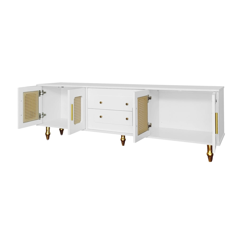 Mobile TV 175x38x55.5 cm; ante in PVC effetto rattan e cassetti push-to-open; truciolare bianco