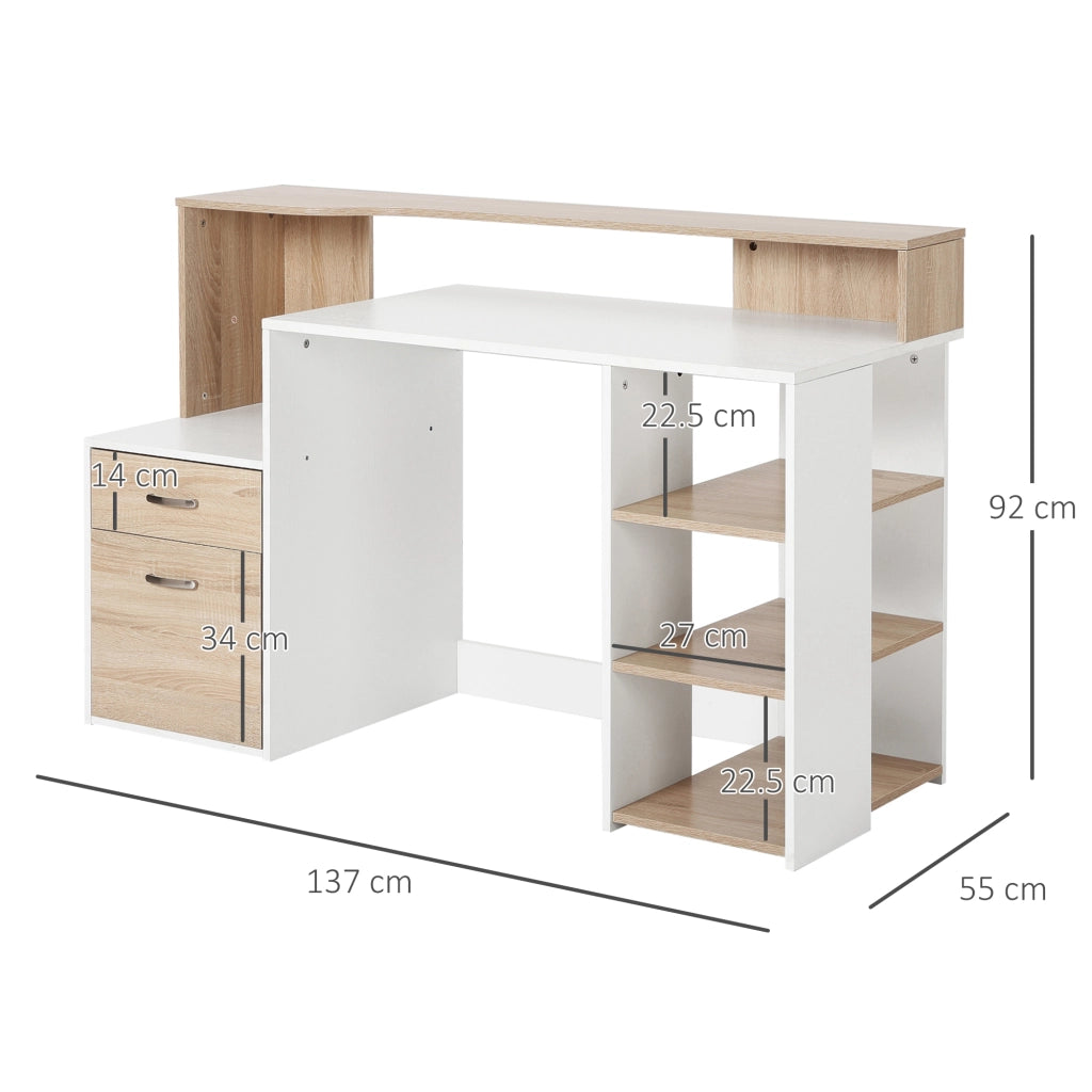 Scrivania per Computer ¨C Xylo ¨C Legno MDF con Ripiani 137x55x92cm Bianco Moderna