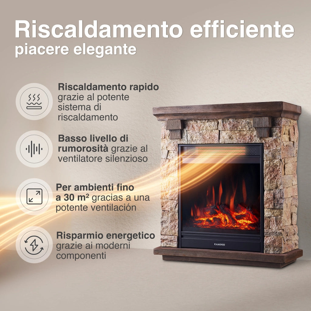 KAMINIO Camino elettrico JUAN - Camino elettrico da appoggio effetto pietra con riscaldamento, effetto fiamma 3D, telecomando - Beige