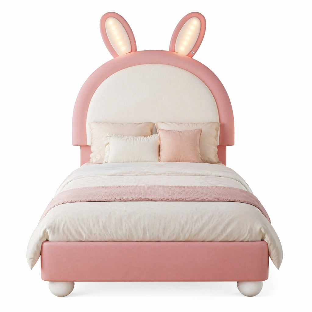Letto per Bambini 90x200 cm; Testiera a Coniglio con LED e Bordo Paracolpi - Rosa