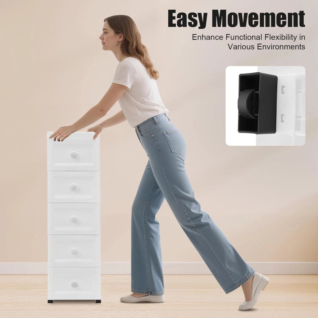 Carrello con cassetti Contenitore portaoggetti in plastica per bagno, carrello portaoggetti per uso domestico Armadietto multifunzionale con cinque cassetti, 82×34×25 cm, Bianco