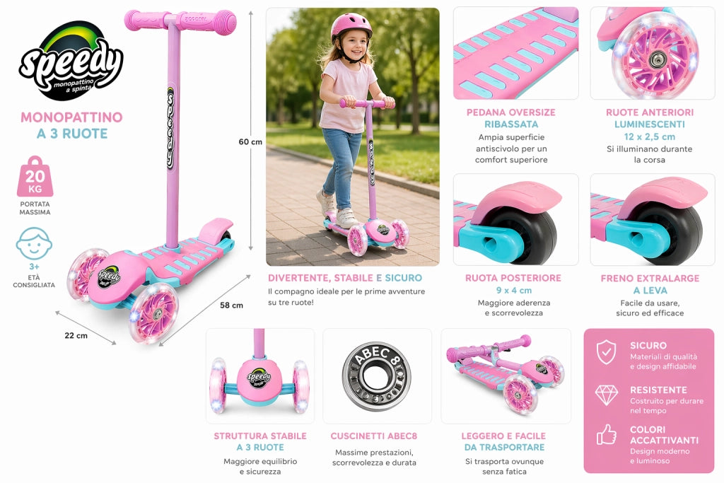 Monopattino Evolutivo per Bambini 3+ anni fino a 50kg Scooter con ruote LED Pedana antiscivolo Freno d'Acciaio Monopatti