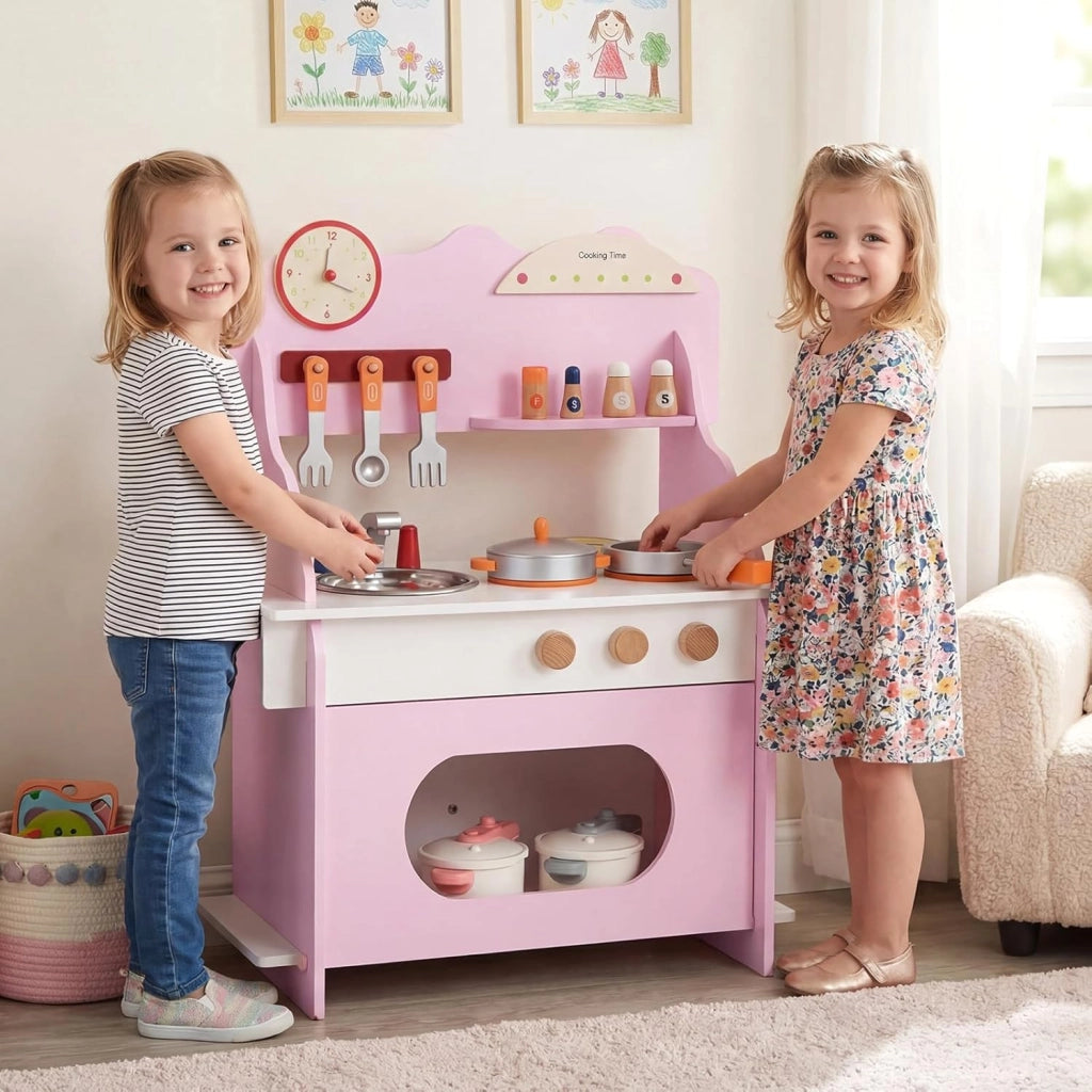 Cucina Giocattolo in Legno per Bambini, Set Gioco di Finzione con Orologio, Fornello, Porta Spezie e Accessori Completi, per Bambini 3+ Anni, 52 x 29,5 x 71 cm (Rosa + Bianco)