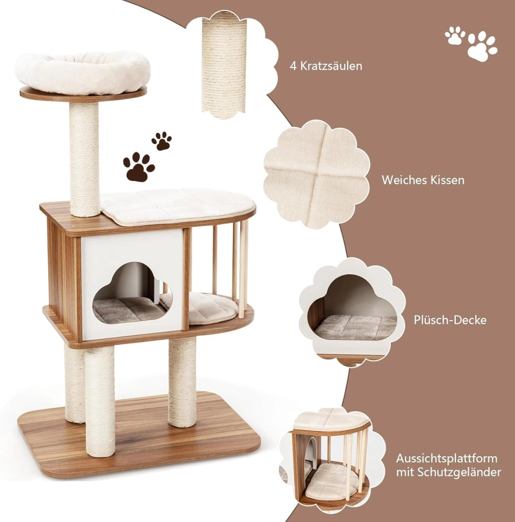 Tiragraffi in legno con 4 colonne tiragraffi, 2 piattaforme, albero da arrampicata con grotta e piattaforma di osservazione, per gatti, 68 x 48 x 117 cm (marrone)