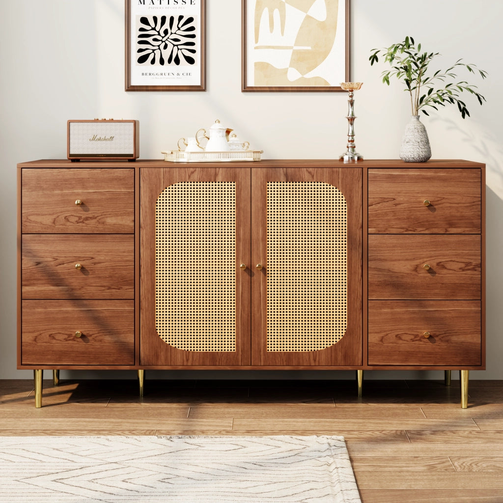 CREDENZA 160x40x90 cm in MDF colore legno con ante in rattan