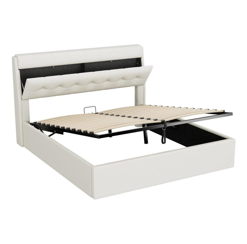 Letto imbottito 160x200 cm con contenitore idraulico e vani nascosti in PU bianco