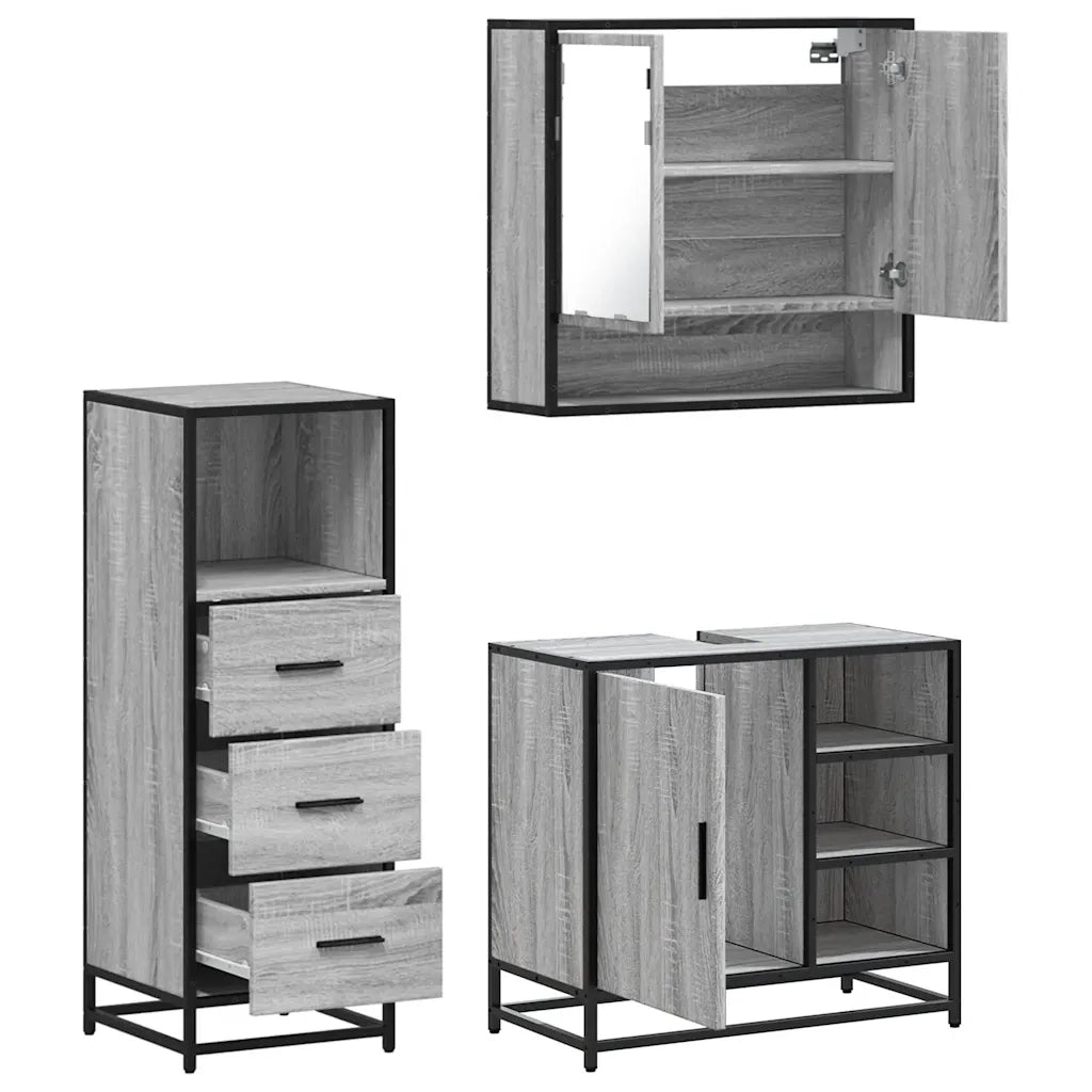 Set Mobili da Bagno | Armadio da bagno 3 pz Grigio Sonoma in Legno Multistrato