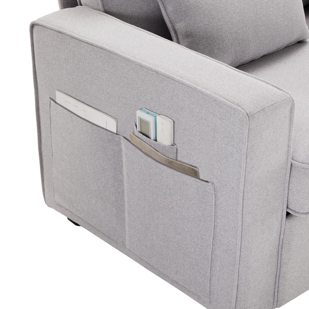 Divano Lineare 4 Posti con Tasche Laterali e 4 Cuscini Lombari, in Lino Grigio 264 × 83 × 87 cm