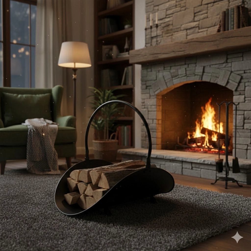 Portalegna da interno per camino 49 x 36 x H 43 cm – Nero con manico ad arco